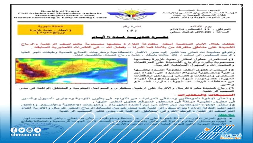 عاجل/ تحذير محلي في عدن بشأن الأحوال الجوية خلال الـ72 ساعة القادمة 